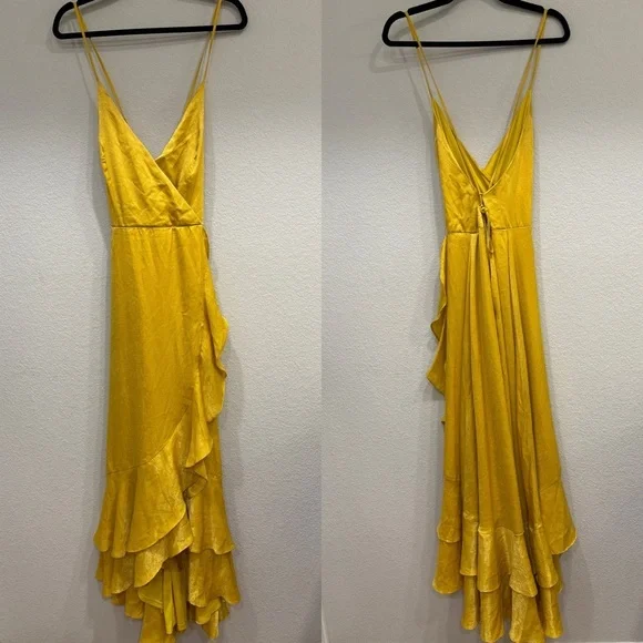 NWOT‎ Lulus In Love Forever Mustard Yellow Satin Lace-Up High-Low Maxi Dress - Picture 3 of 10